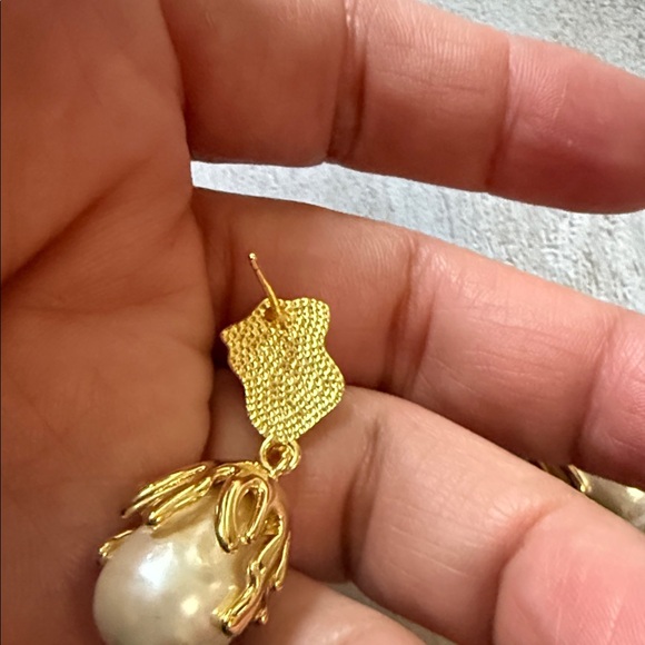 Gold and White Pearl Drop Earrings - Picture 6 of 6